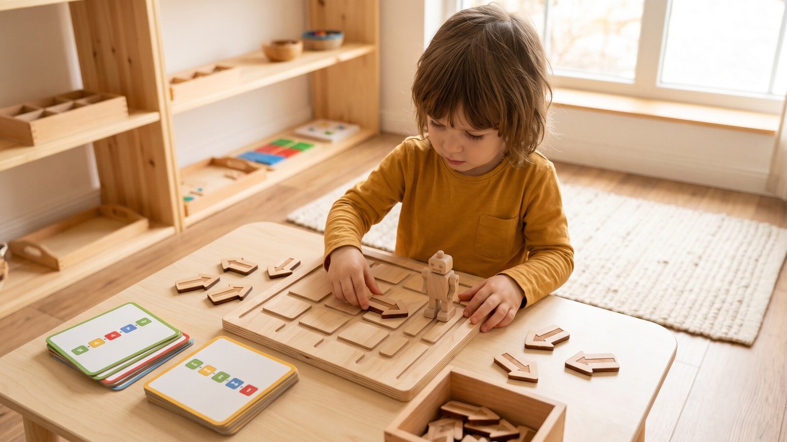 Young child arranging wooden directional arrows on a tactile grid maze next to a toy robot figure