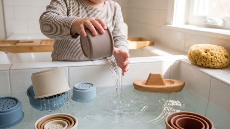 Toddler pouring water from a silicone stacking cup into a bathtub with natural sensory toys