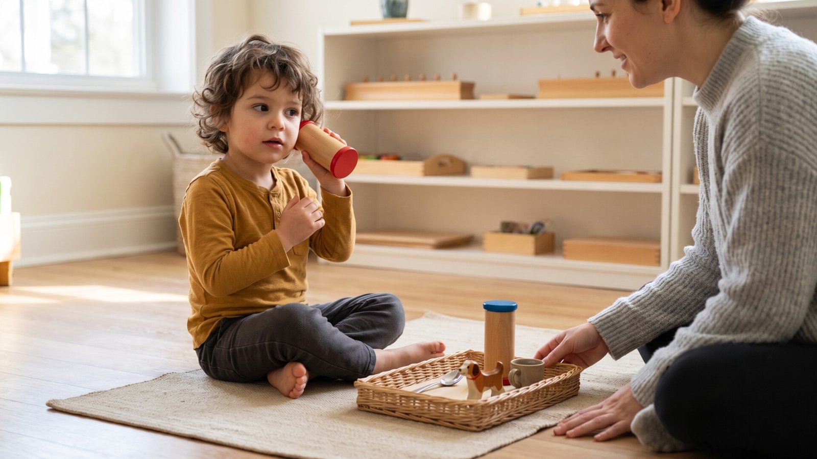 Toddler holding a Montessori sound cylinder to his ear beside a tray of miniature objects during a sound game