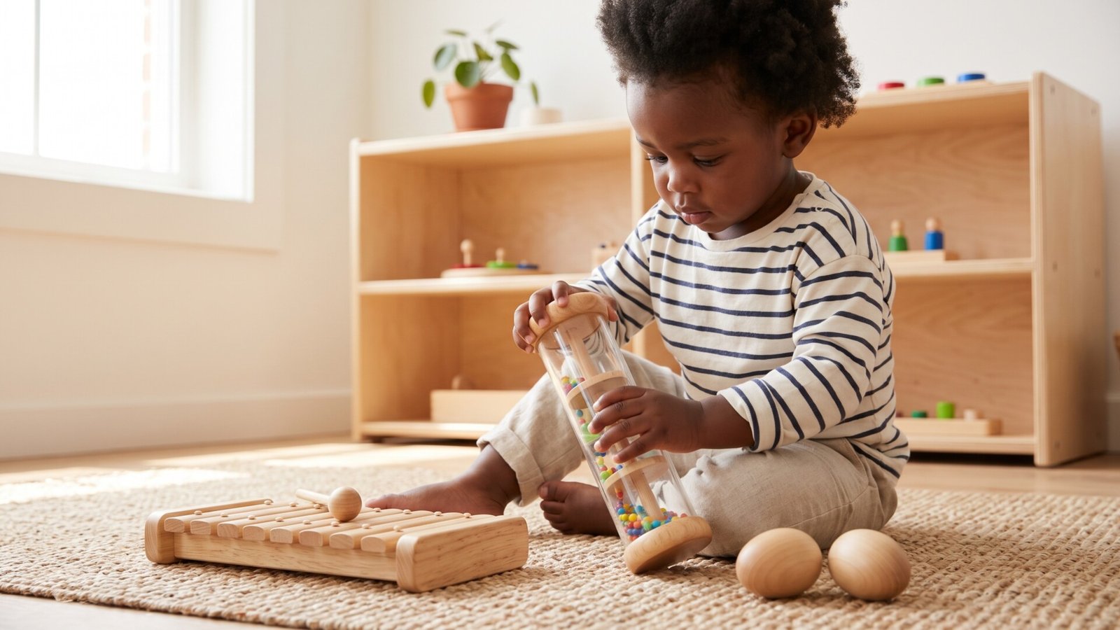Toddler exploring wooden acoustic toys including a rainmaker and xylophone on a playroom rug