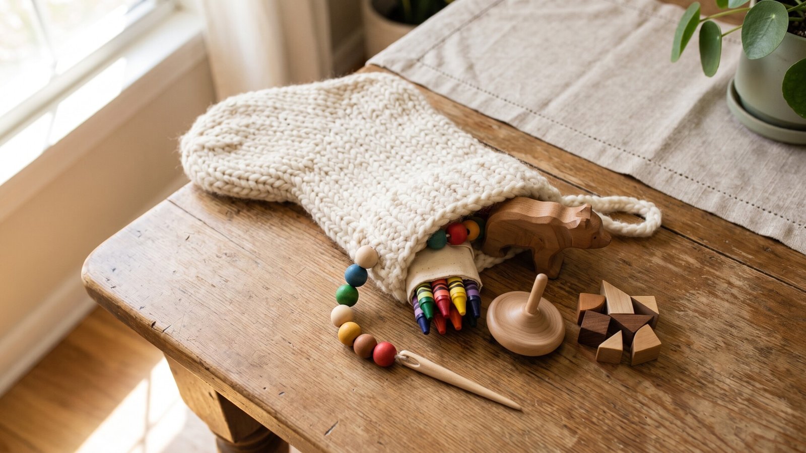 Montessori stocking stuffers including wooden toys, beads, and crayons spilling from a white knit holiday stocking