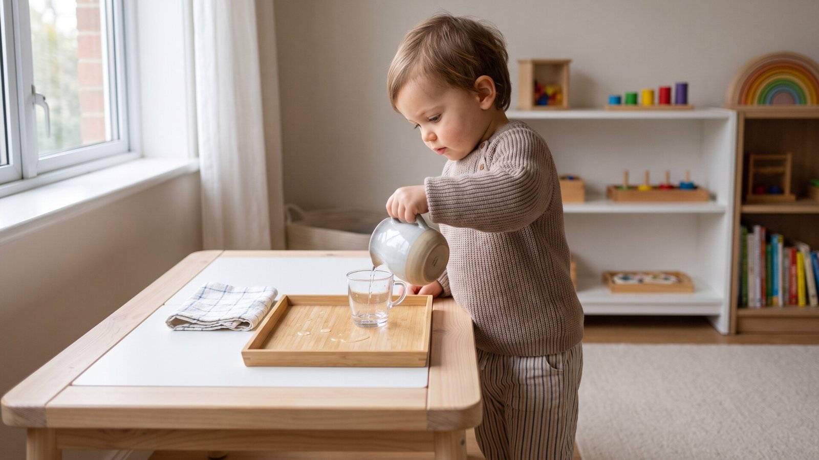 Toddler carefully pouring water from a small pitcher into a glass cup on a wooden tray