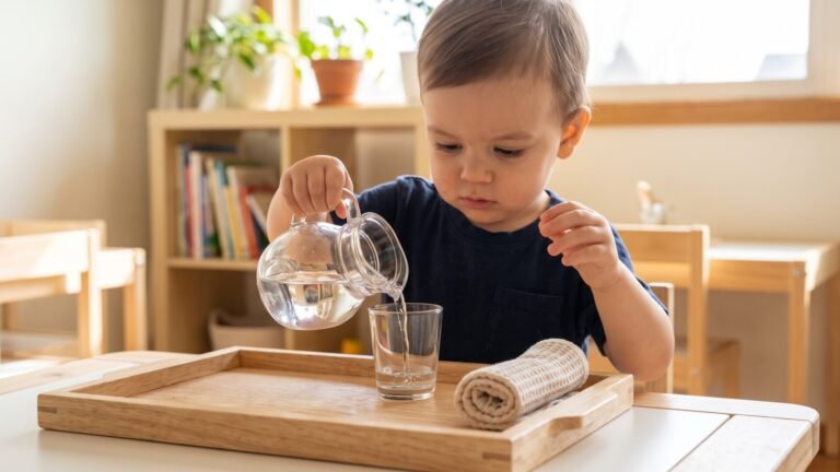 Toddler carefully pouring water from a glass pitcher into a cup on a wooden Montessori tray