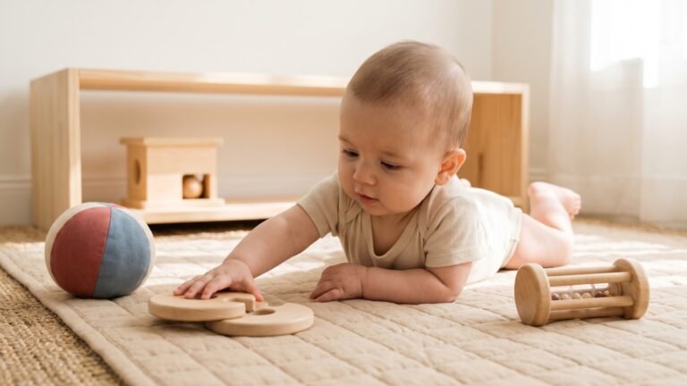 Baby doing tummy time while reaching for interlocking wooden discs on a Montessori floor mat