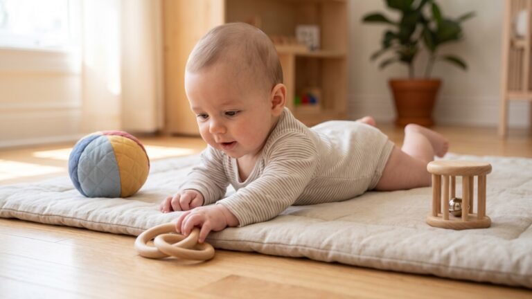 Baby doing tummy time on a mat reaching for wooden Montessori grasping rings near a sensory ball
