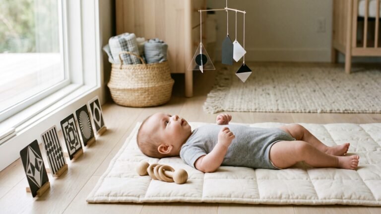 Baby lying on a mat looking up at a black-and-white Munari mobile alongside high-contrast visual cards