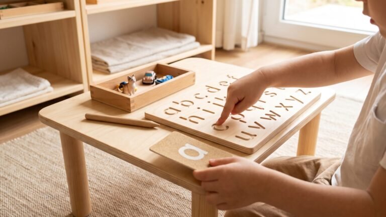 Child tracing carved letters on a wooden Montessori alphabet board at a low table