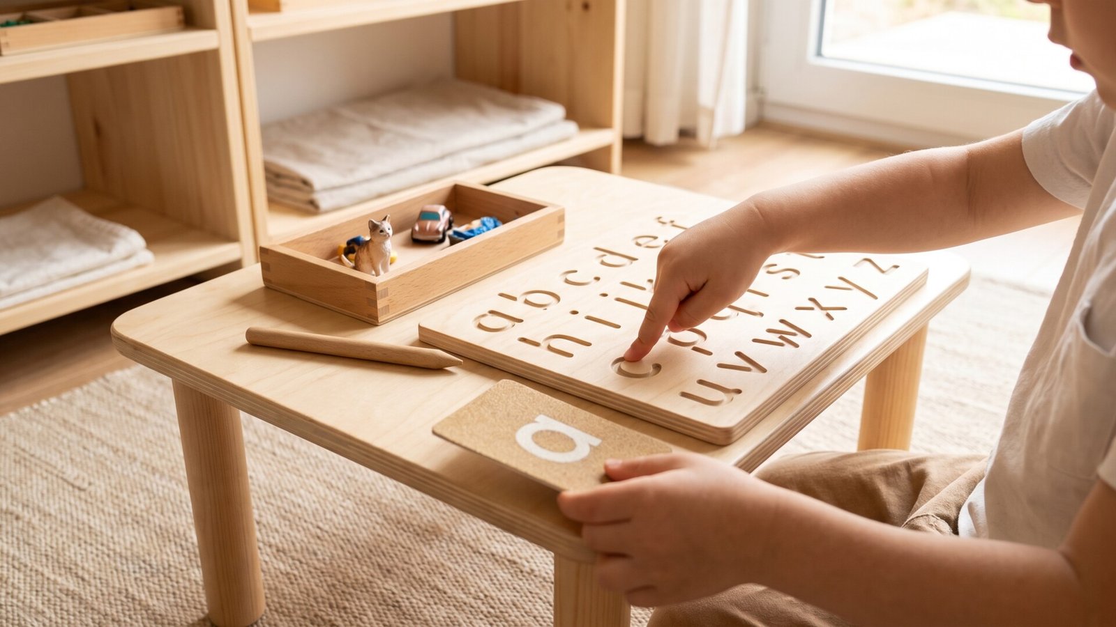 Child tracing carved letters on a wooden Montessori alphabet board at a low table