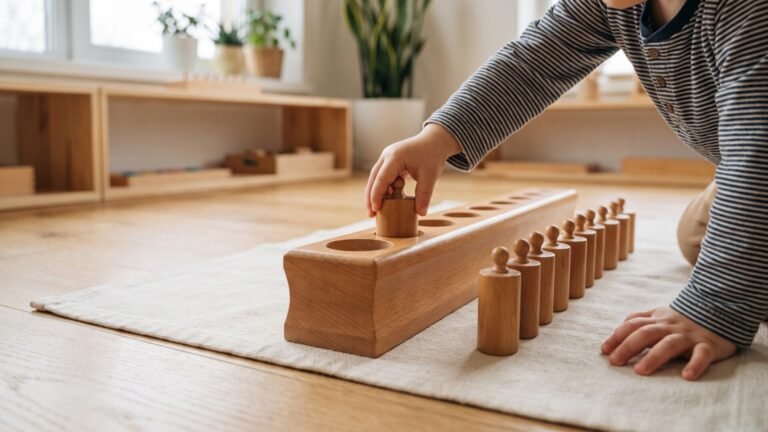 Toddler placing a smooth wooden cylinder into a Montessori cylinder block on a play mat