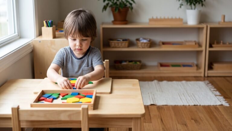 Young child arranging colorful wooden geometric shape blocks at a small Montessori table