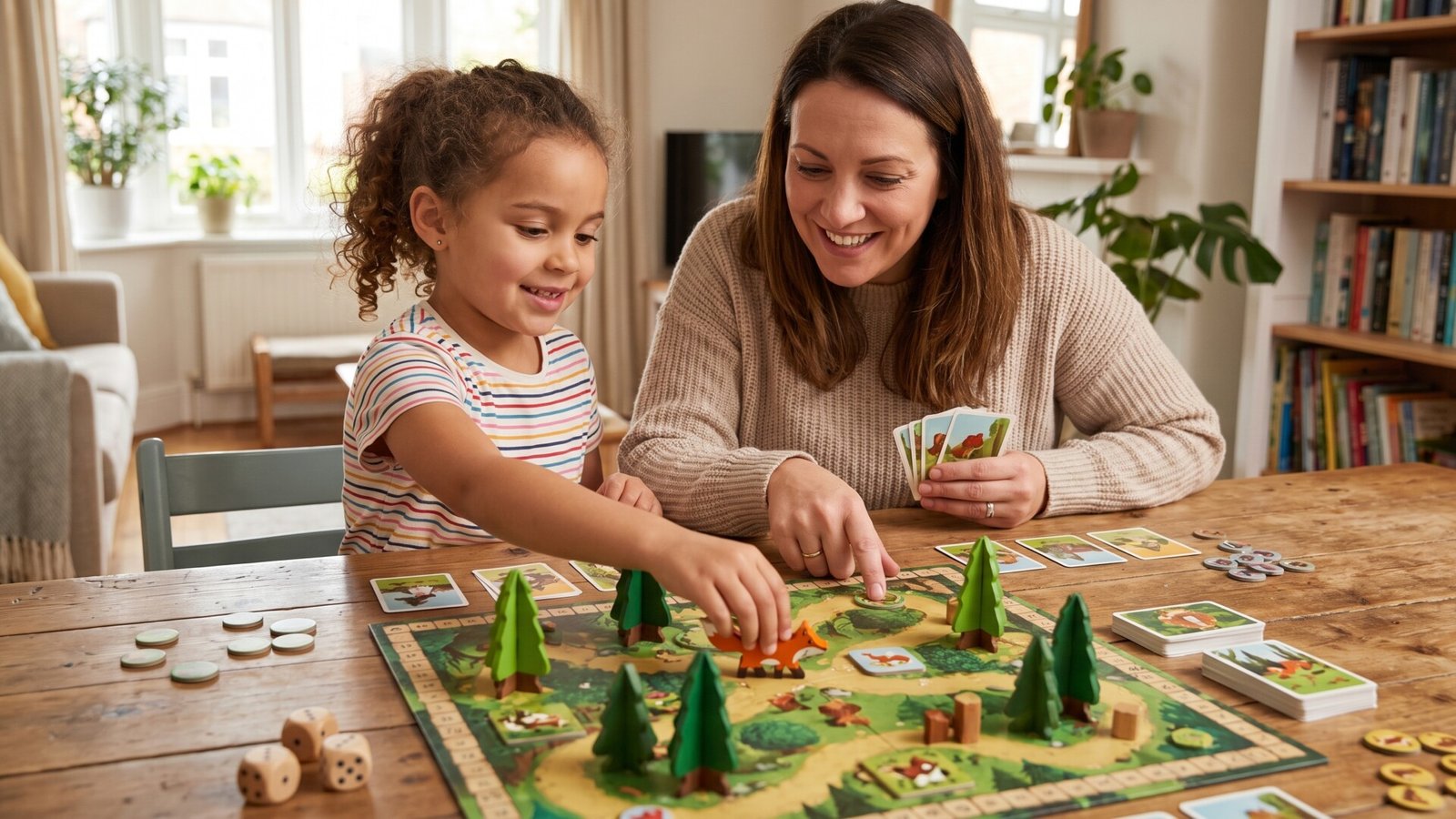 Mother and young daughter smiling while moving a piece on a woodland cooperative board game together at a table