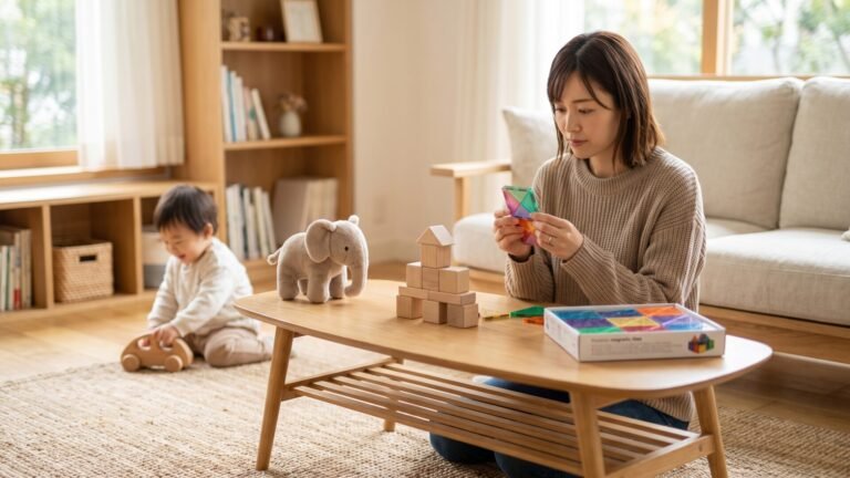 Mother inspecting magnetic tiles at a coffee table while her toddler plays with a toy car nearby