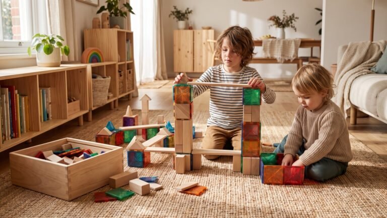 Two children building a structure with wooden blocks and magnetic tiles on a living room rug