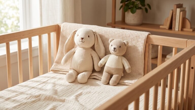 Knit organic cotton bunny and teddy bear plush toys resting against a blanket inside a wooden crib