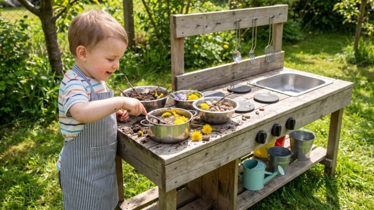 Toddler in a striped apron stirring dandelions in a pot at a wooden backyard mud kitchen