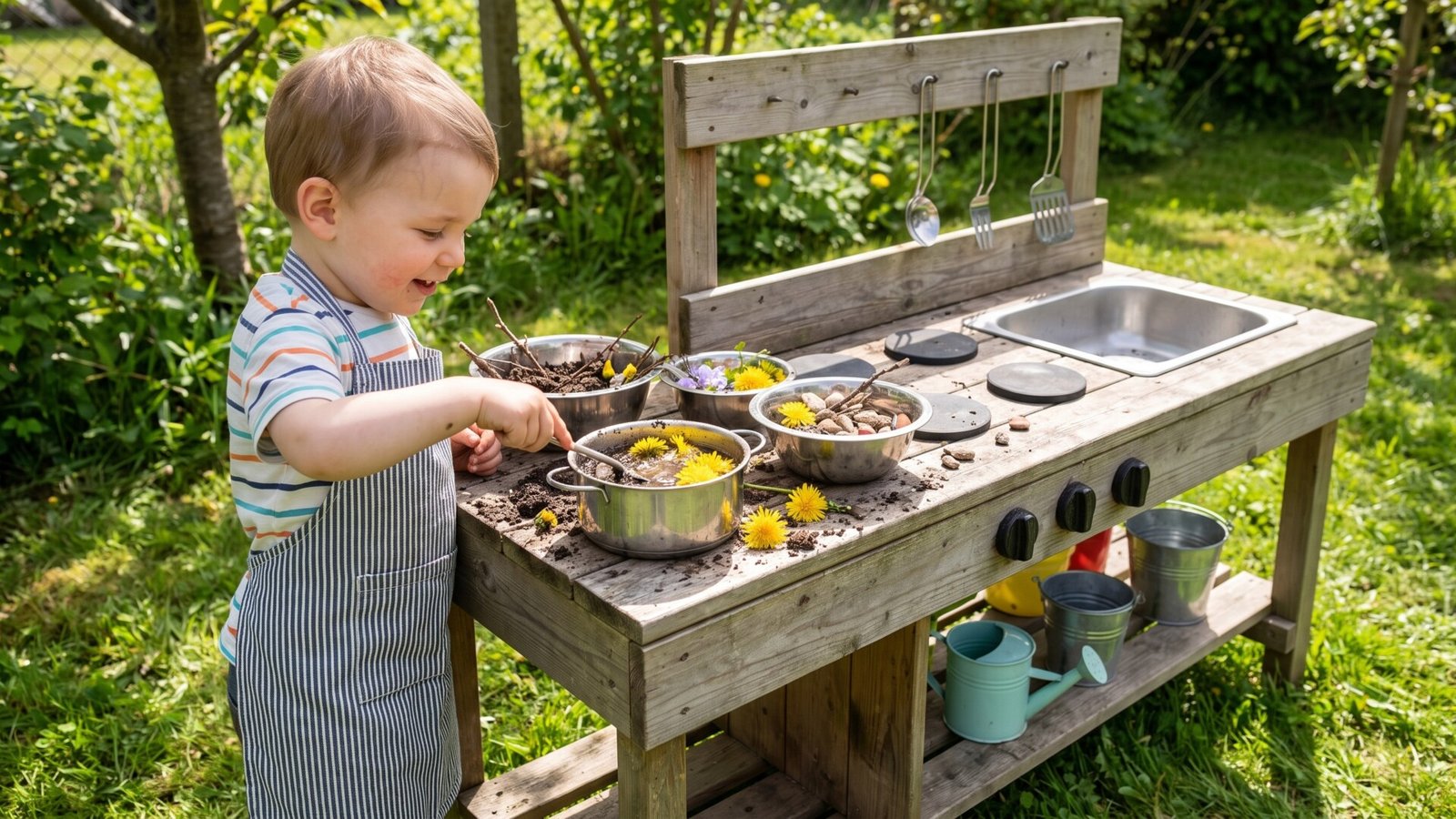Toddler in a striped apron stirring dandelions in a pot at a wooden backyard mud kitchen