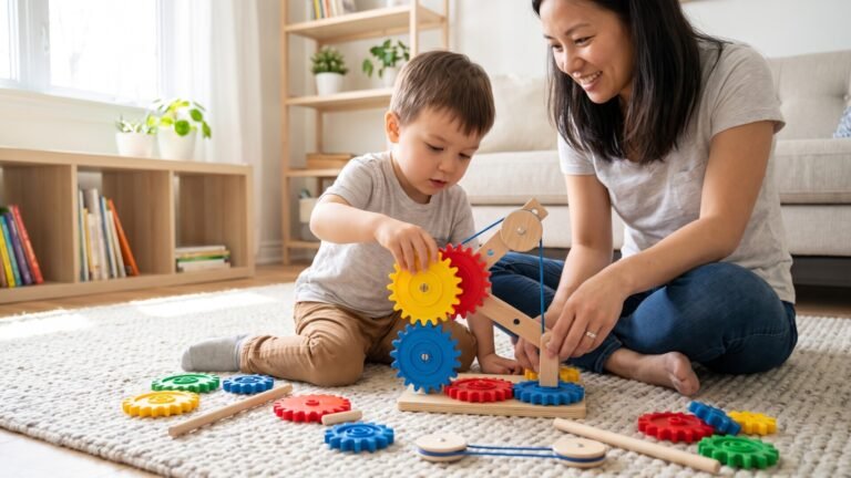 Mother and toddler assembling a colorful gear and pulley construction toy on a living room rug