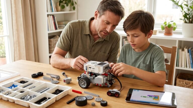 Father and son assembling a LEGO Mindstorms EV3 robot together at a wooden desk with a coding tablet