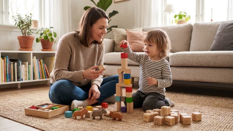 Mother and toddler building a colorful wooden block tower together on a living room rug