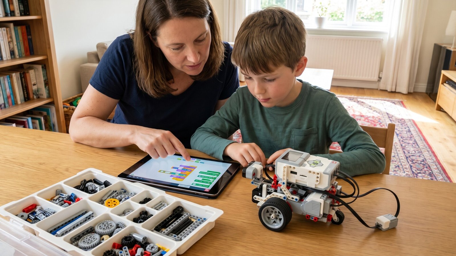 Mother and son using a tablet to code a LEGO Mindstorms robot on a wooden table at home