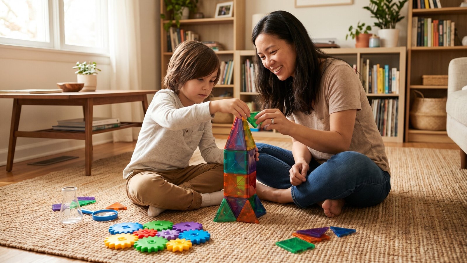 Mother and young boy building a colorful magnetic tile rocket together on a living room rug