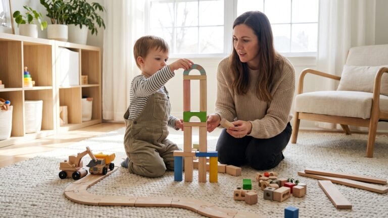 Toddler and mother stacking colorful wooden blocks to build a tower on a living room rug