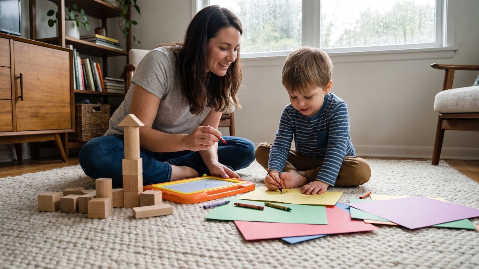Mother and toddler drawing with crayons on colorful paper beside wooden blocks on a living room rug