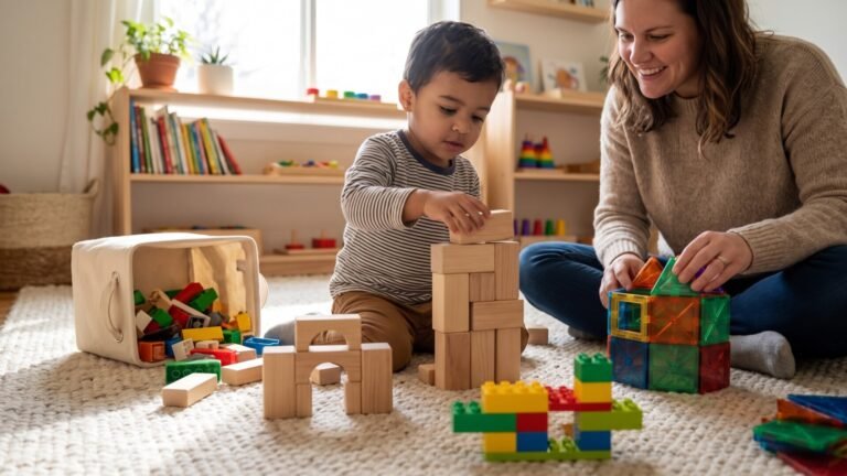 Mother and young boy building structures with wooden blocks and magnetic tiles on a living room rug
