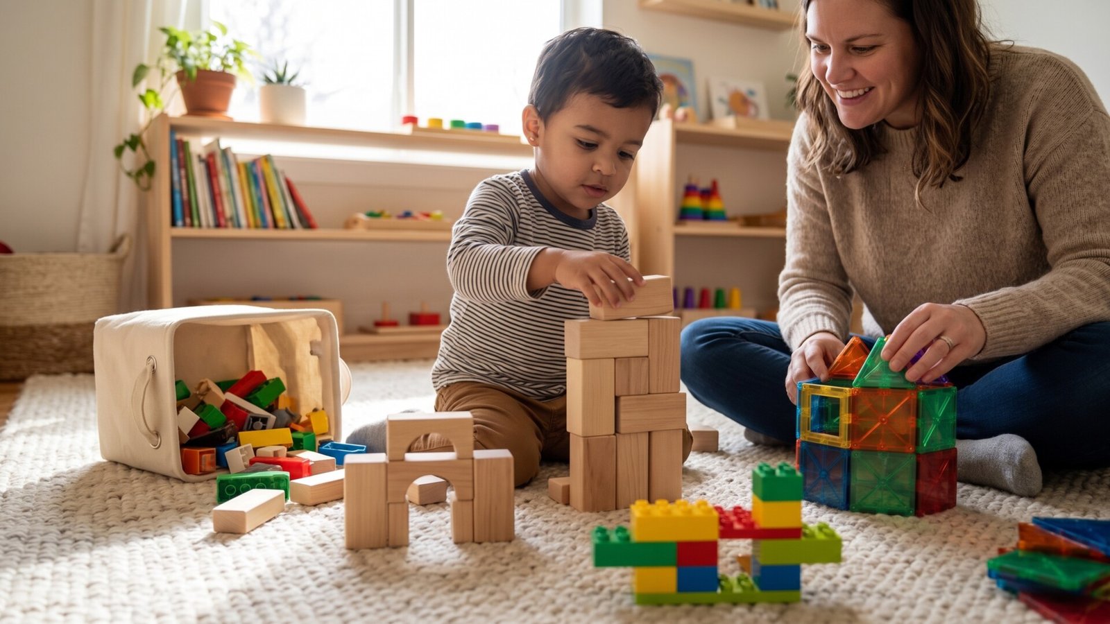 Mother and young boy building structures with wooden blocks and magnetic tiles on a living room rug
