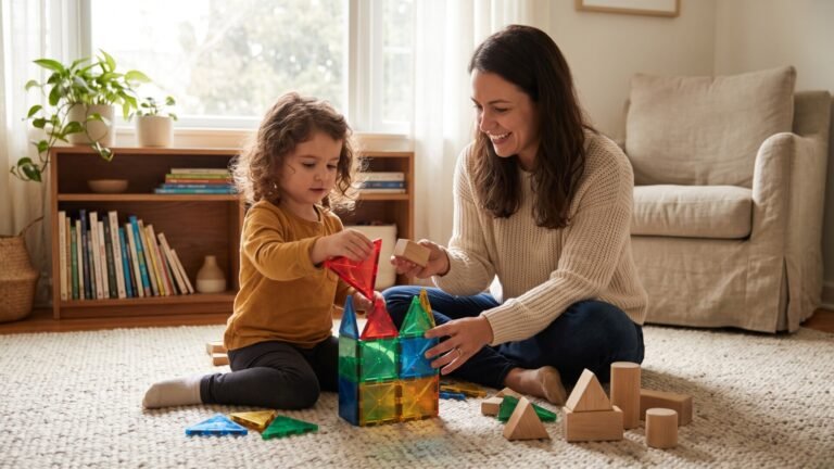 Mother and toddler building a colorful magnetic tile tower together on a living room rug