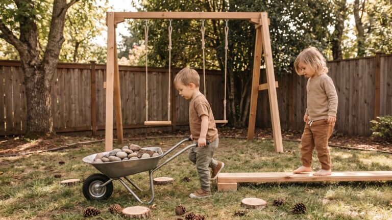 Two toddlers playing outdoors with a metal wheelbarrow and wooden balance beam near a timber swing set