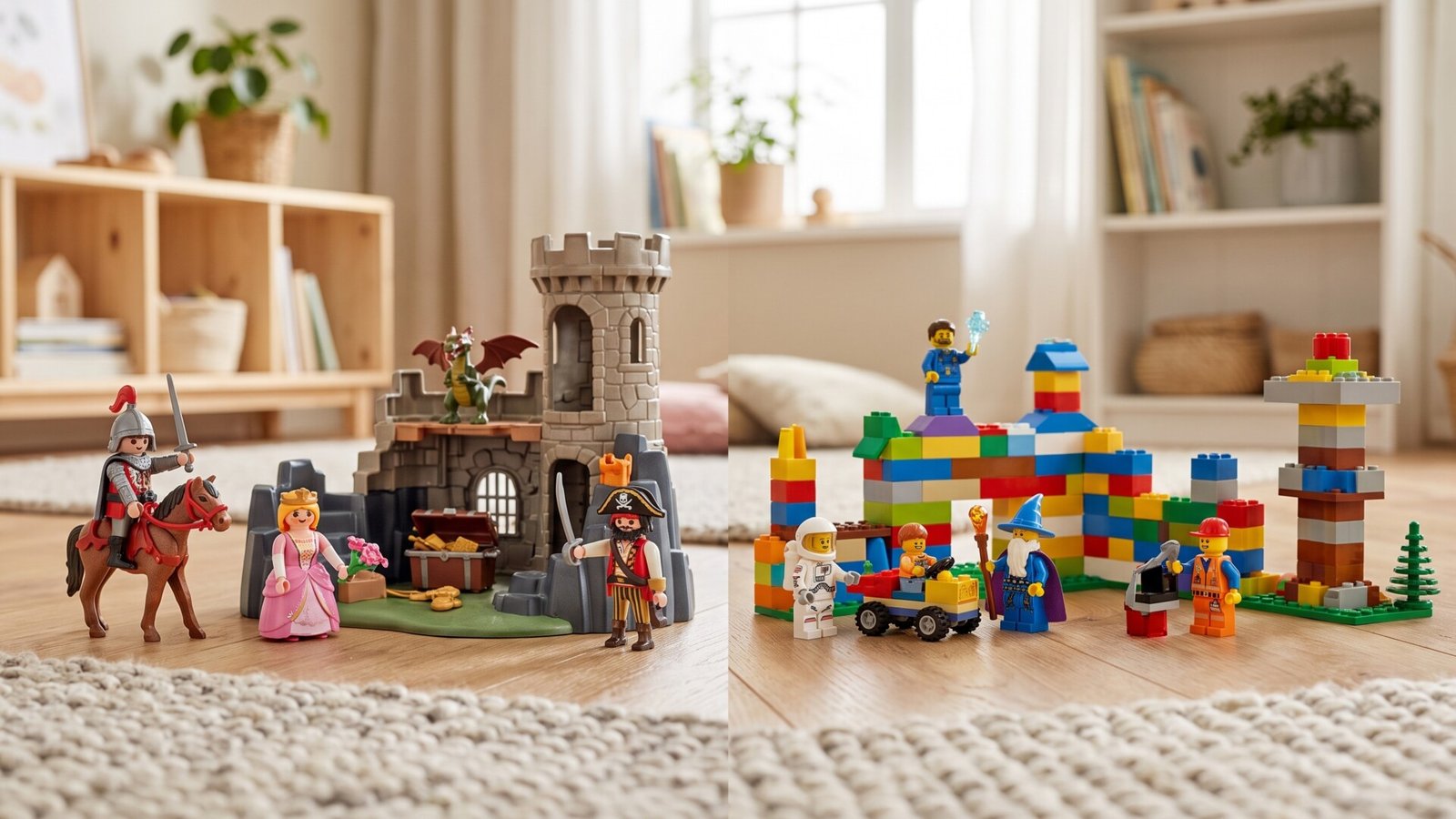 Playmobil castle playset next to a colorful LEGO brick fortress with minifigures on a wooden playroom floor