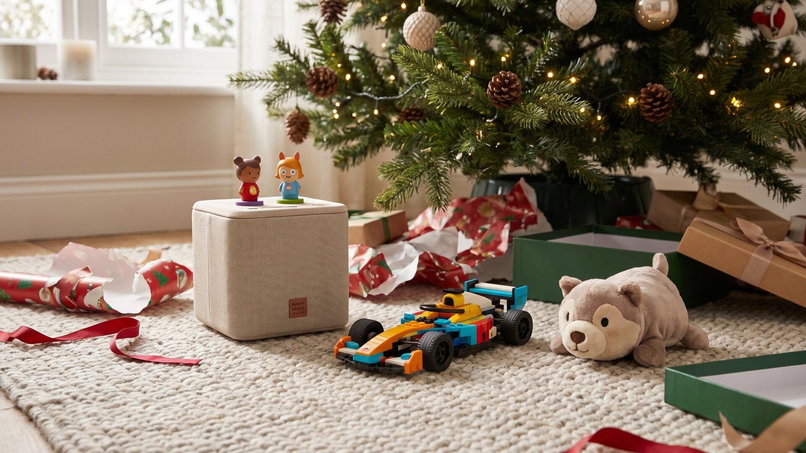 Story player, toy race car, and plush bear unwrapped beneath a decorated Christmas tree