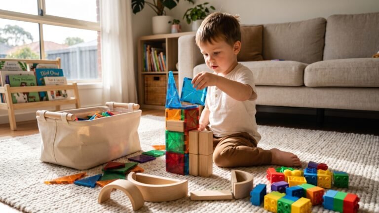 Young boy building a colorful tower with magnetic tiles and wooden blocks on a living room rug