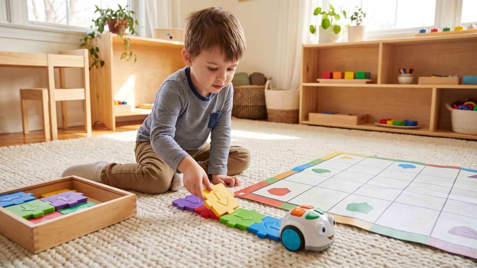 Preschooler arranging colorful directional coding tiles next to a small toy robot and grid mat on a playroom rug