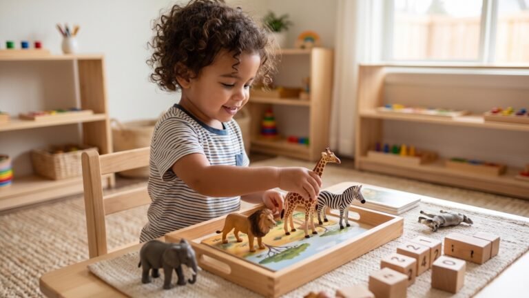 Young child placing safari animal figurines onto a wooden activity tray at a low table