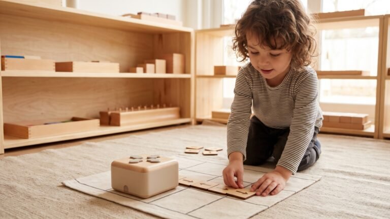 Preschooler arranging wooden directional tiles on a grid mat beside a tactile coding robot