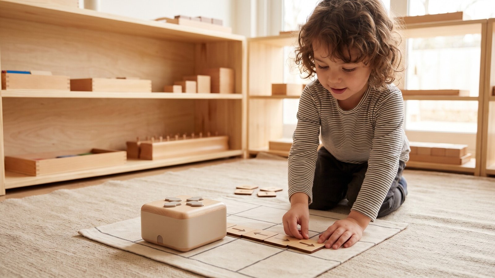 Preschooler arranging wooden directional tiles on a grid mat beside a tactile coding robot