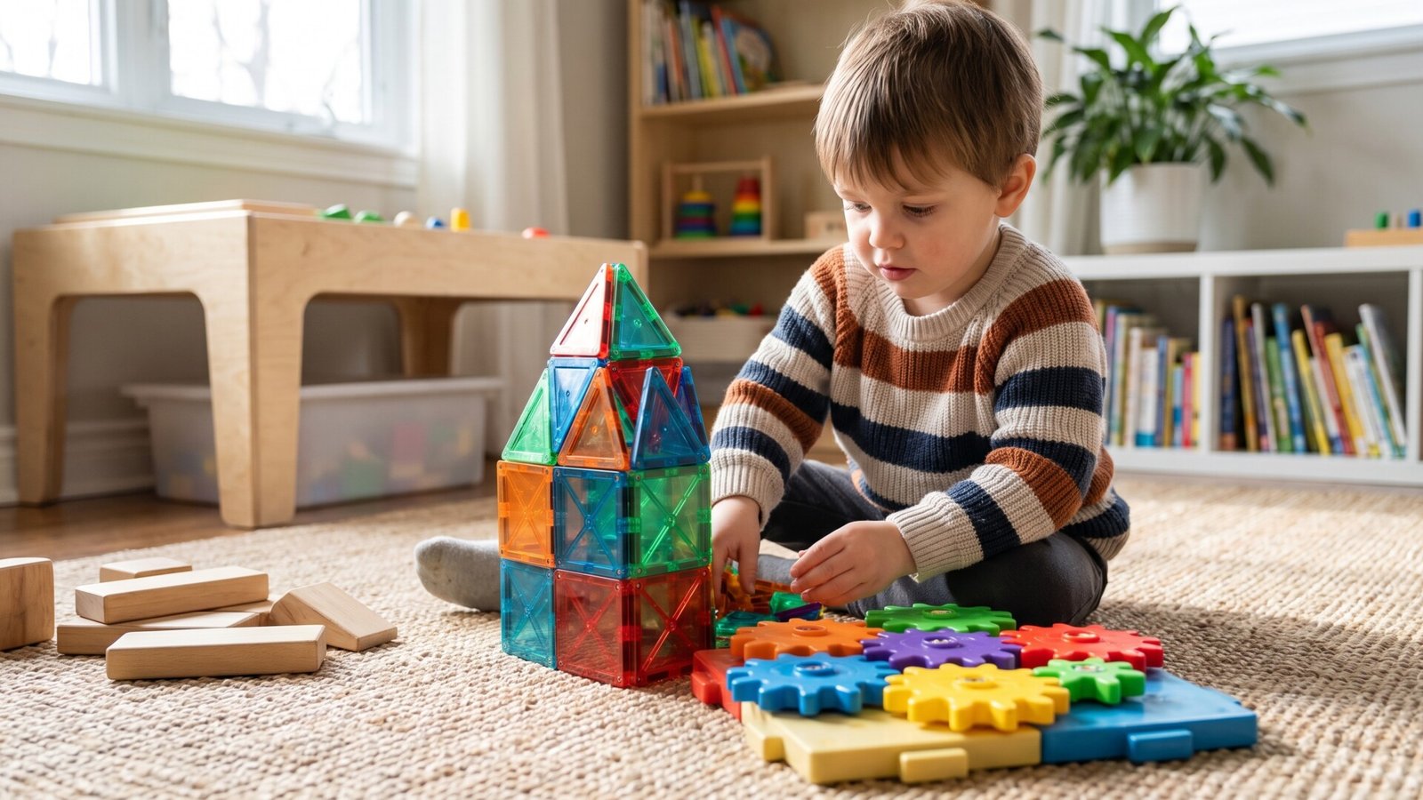 Young preschool boy sitting on a rug building a tower with colorful magnetic tiles and interlocking gears