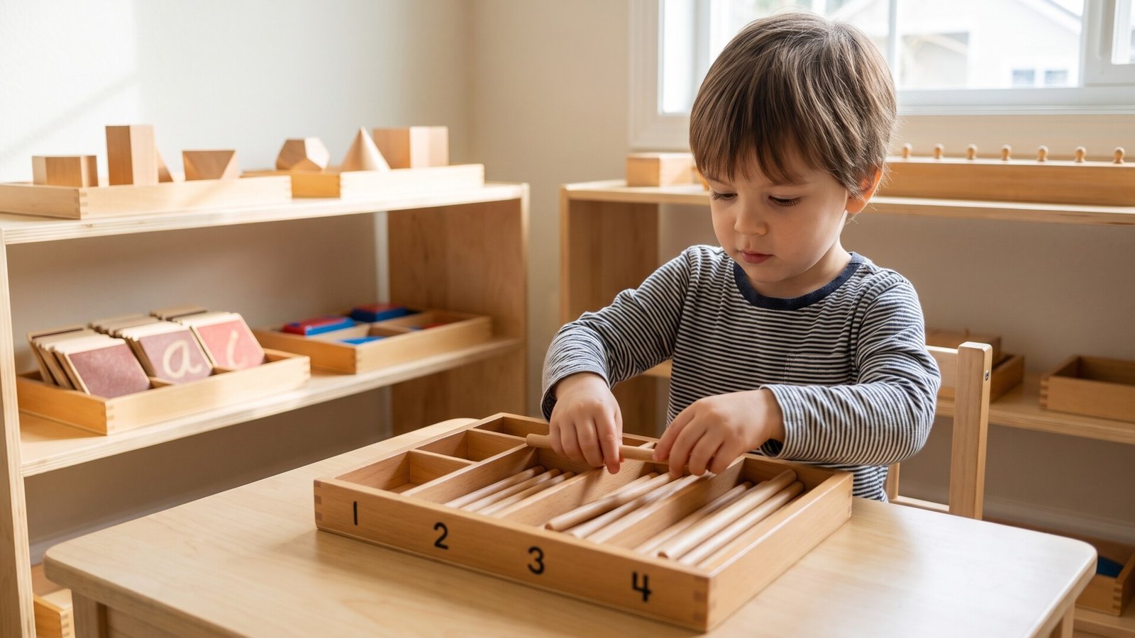 Young preschool child placing wooden rods into a numbered Montessori spindle box at a low table
