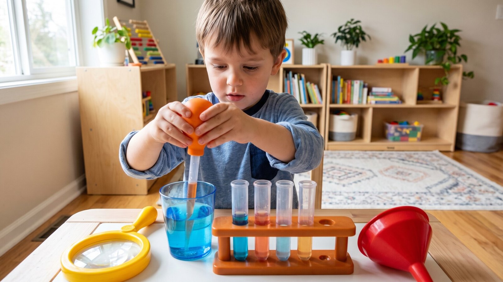 Young child using a large dropper and colorful test tubes from a toddler-friendly science kit
