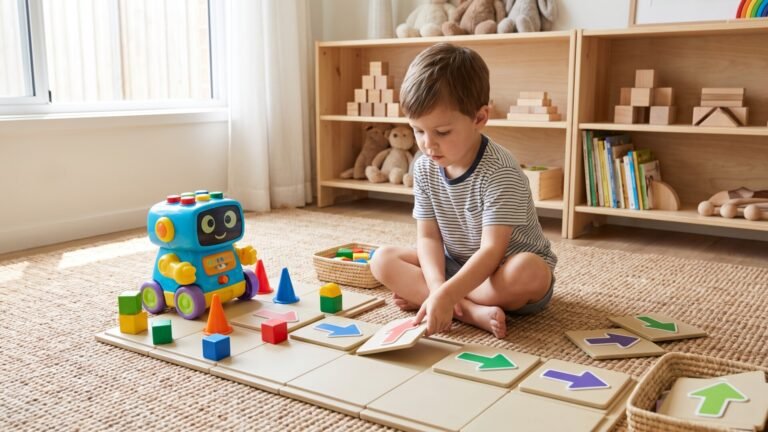 Young boy arranging directional arrow tiles beside a blue screen-free coding toy robot on the floor