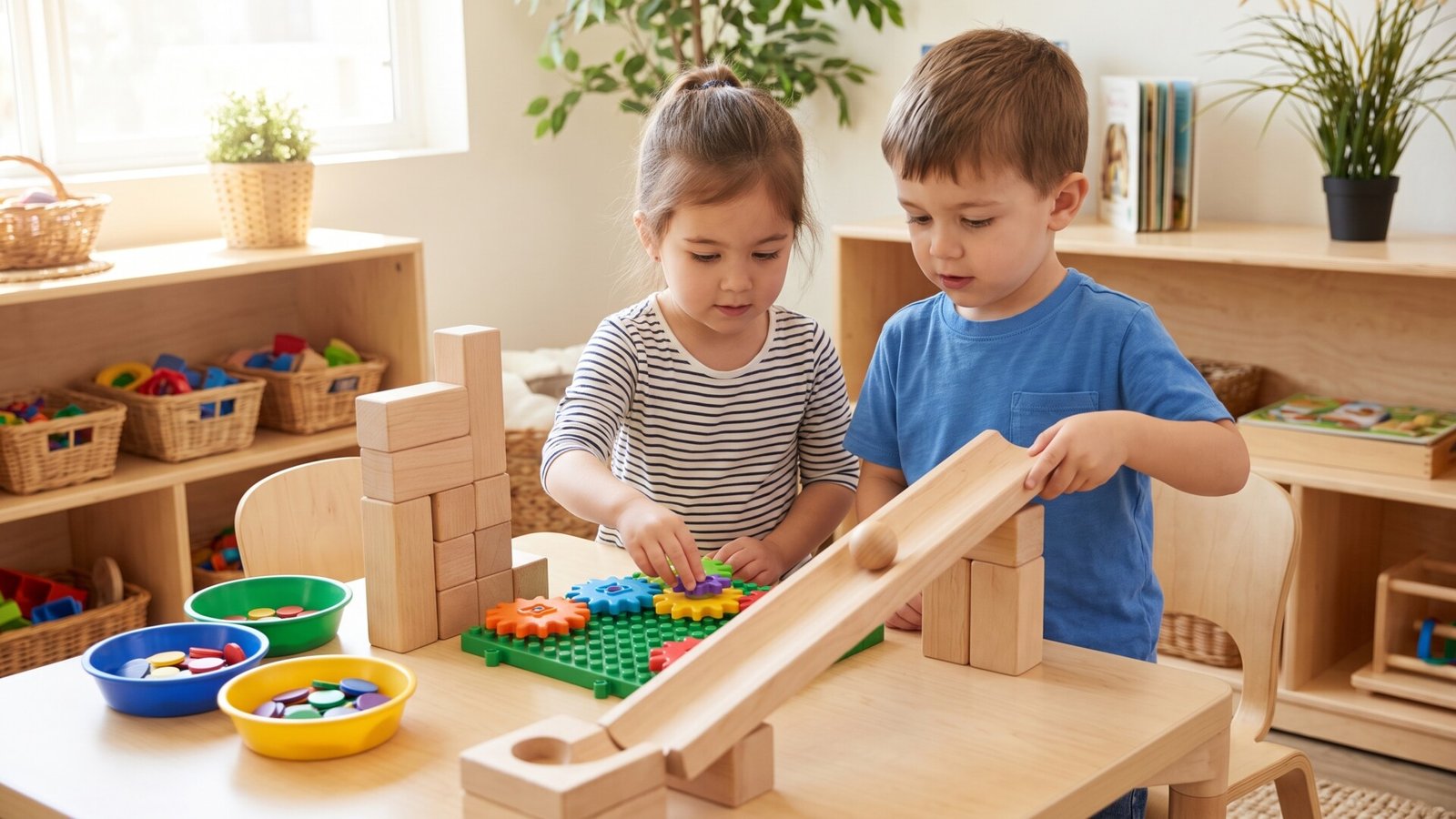 Preschool girl and boy building with wooden ramps, blocks, and colorful interlocking gears on a play table
