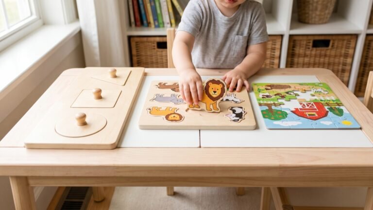 Toddler playing with an animal puzzle alongside a shape knob puzzle and a jigsaw puzzle on a low table