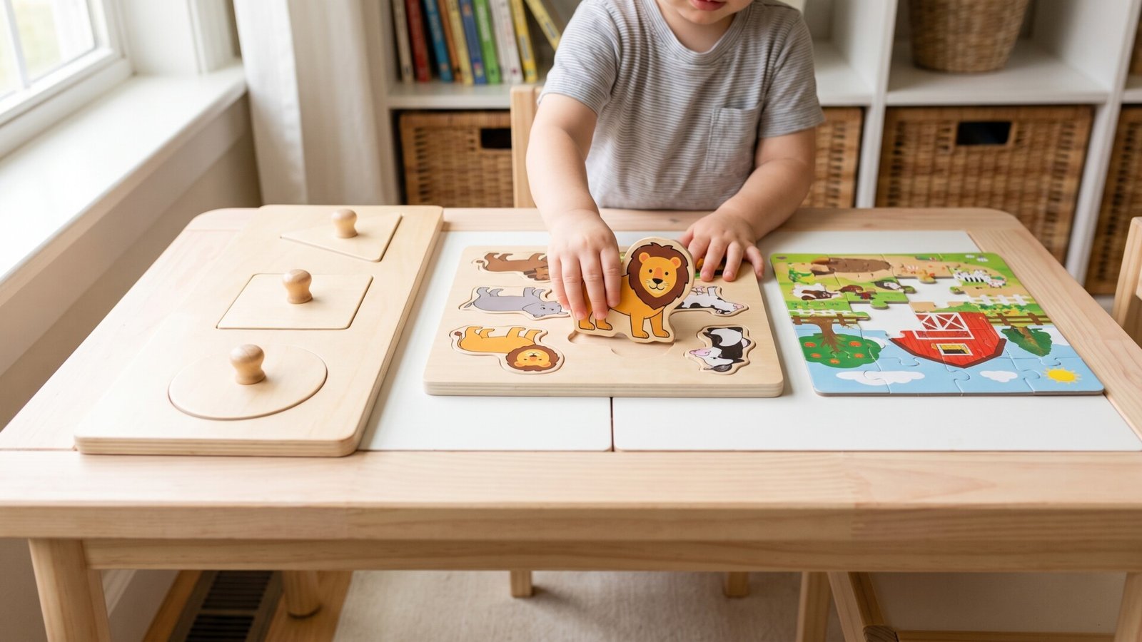 Toddler playing with an animal puzzle alongside a shape knob puzzle and a jigsaw puzzle on a low table