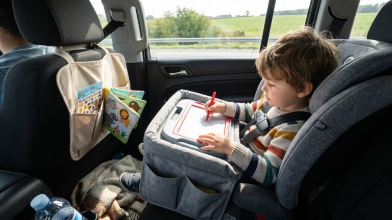 Young boy quietly drawing on a magnetic doodle board using a lap tray in a car seat