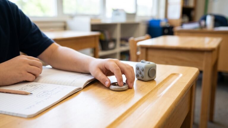 Student using a quiet sensory ring on a wooden classroom desk next to a notebook and fidget cube