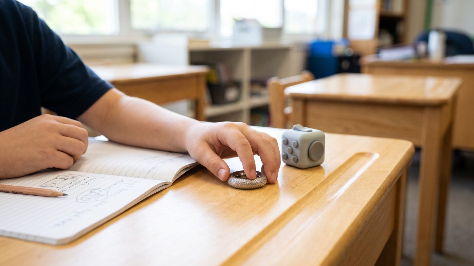 Student using a quiet sensory ring on a wooden classroom desk next to a notebook and fidget cube