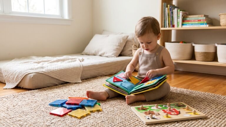 Toddler sitting on a nursery rug playing calmly with a colorful felt quiet book, magnetic tiles, and a wooden puzzle