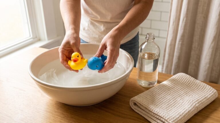 Hands holding a rubber duck and whale over a water basin next to a glass bottle of cleaning solution